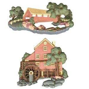 Vintage 1998 Home Interiors Covered Bridge & Water Mill Hanging Wall Decor USA
